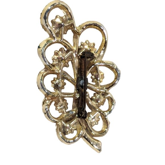 Vintage 1960s Gold Tone Swirl Leaf Brooch Clear Rhinestones 2 x 1.5 inch - Picture 6 of 7